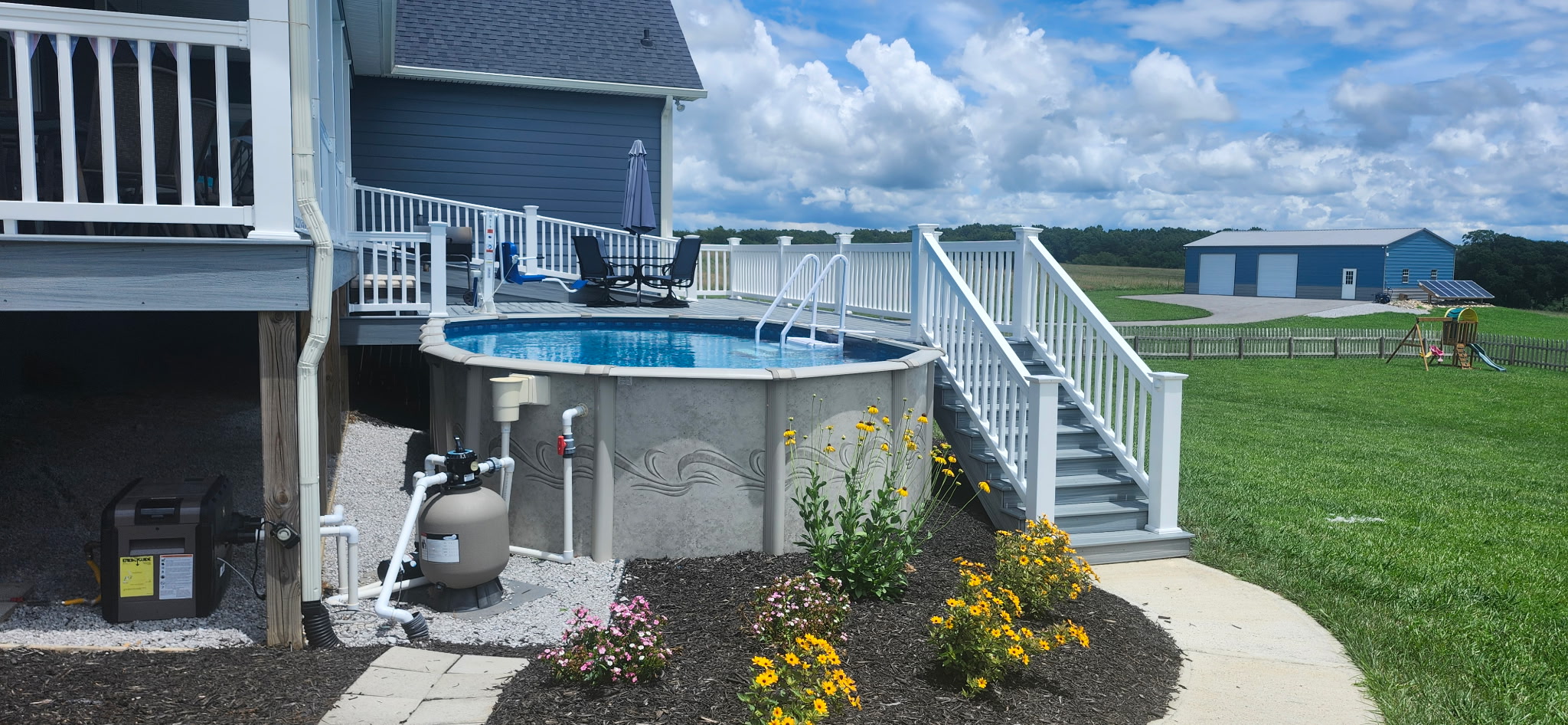 Round above-ground pool installed in a landscaped Tennessee backyard