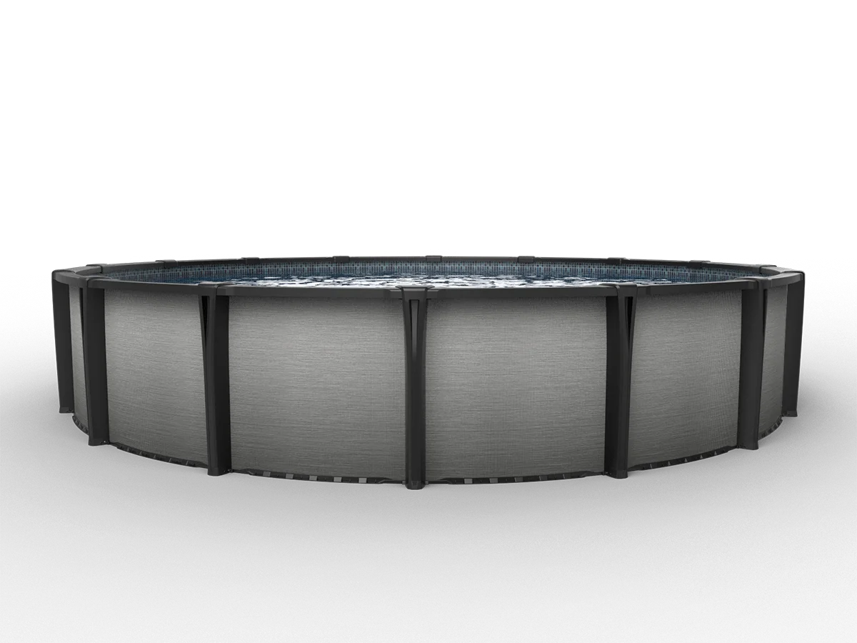 Carvin Mystic round above-ground pool with brushed grey metal finish