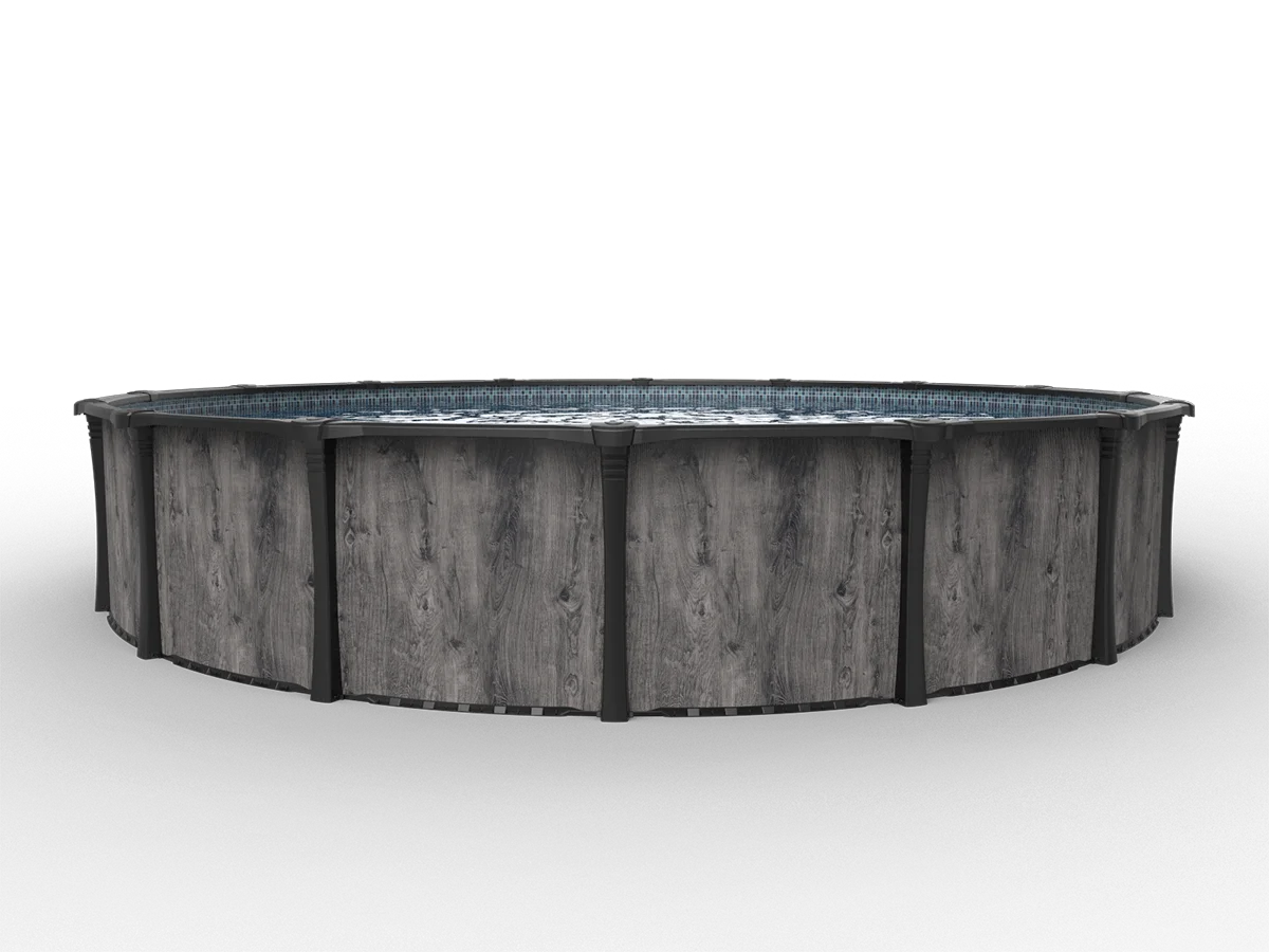 Carvin Colorado round above-ground pool with dark weathered wood finish