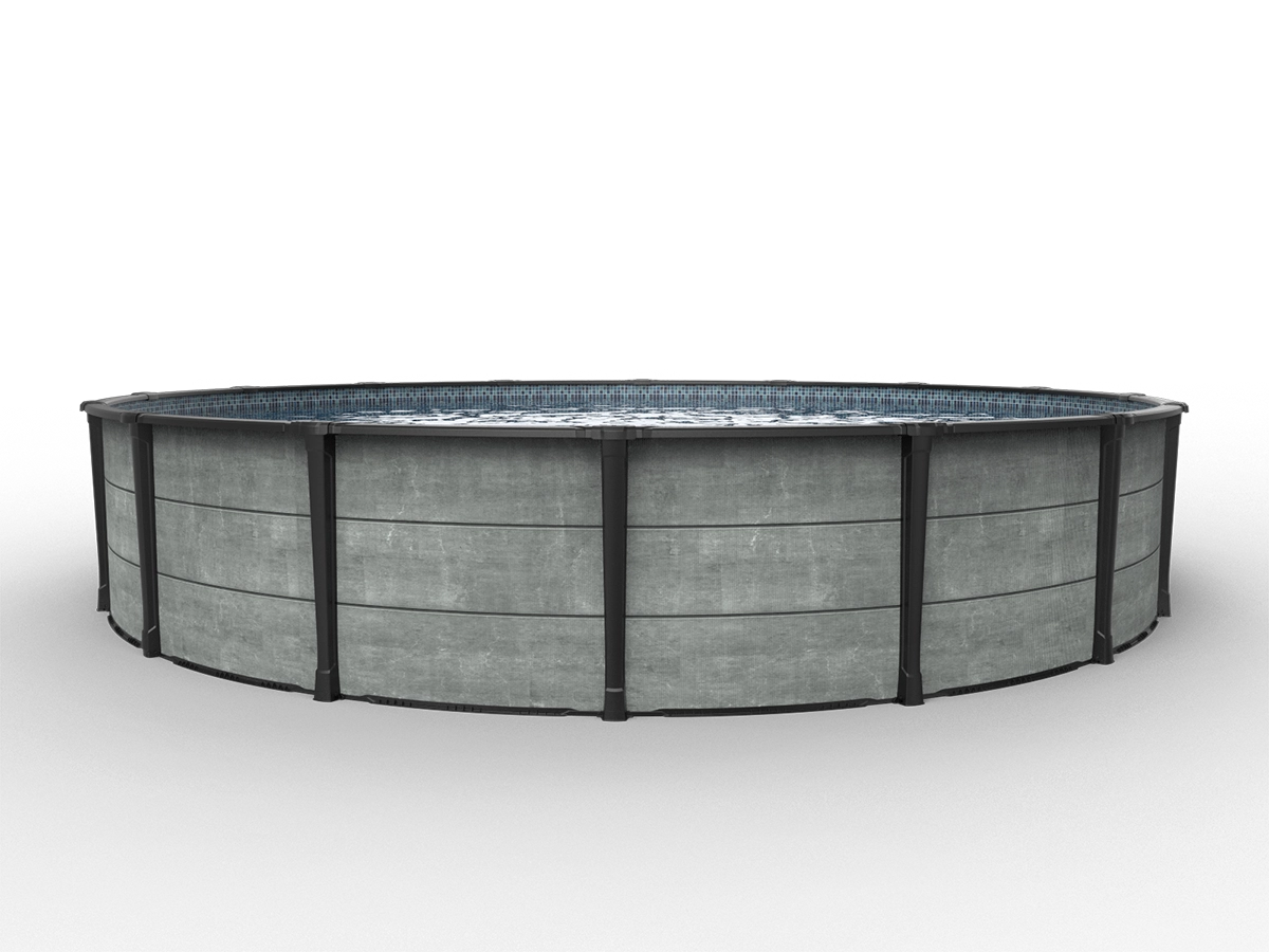 Carvin Newtown round above-ground pool with grey concrete finish